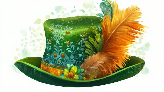 Video A elegant green top hat adorned with feathers set against a clean white background, perfect for editorial or advertising use