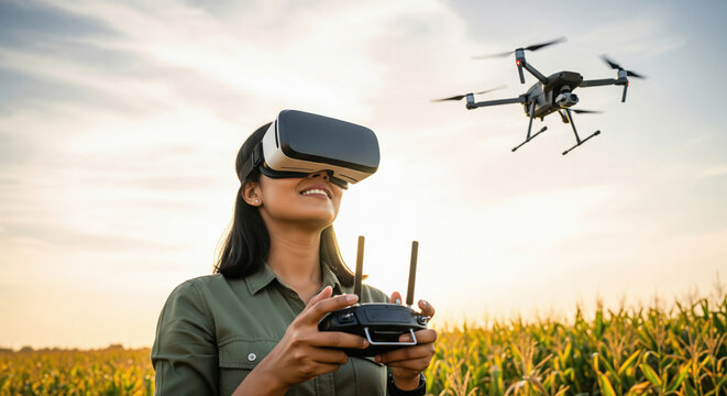 Woman uses VR headset controlling drone for smart agriculture