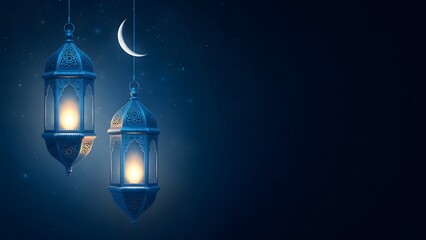 Two ornate lanterns hanging under a crescent moon in the night sky