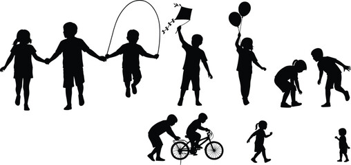 Black vector silhouettes of children playing diverse games like jump rope, kite flying, and cycling, representing childhood freedom, outdoor fun, and happy summer recreation activities