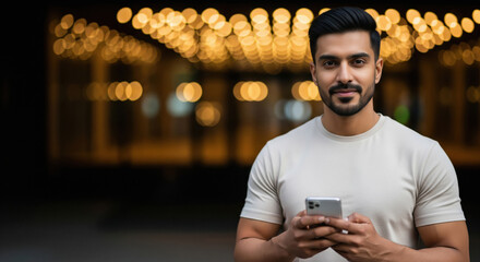 Young Man Using Smartphone Against Blurred City Lights