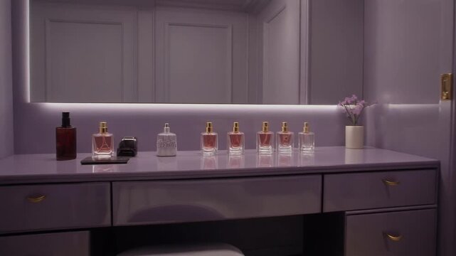Elegant vanity table with multiple perfume bottles and a mirror, creating a sophisticated and luxurious beauty space