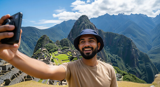 Smiling Man Takes Selfie at Historic Machu Picchu Peru