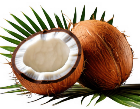 Whole and halved coconut with palm leaf isolated on transparent background