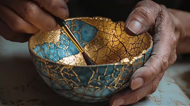 Person's hands carefully applying gold lacquer to repair a broken ceramic bowl, practicing the ancient japanese art of kintsugi and embracing the beauty of imperfection and restoration
