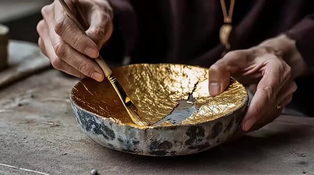 Person's hands carefully applying gold lacquer to repair a broken ceramic bowl, practicing the ancient japanese art of kintsugi and embracing the beauty of imperfection and restoration