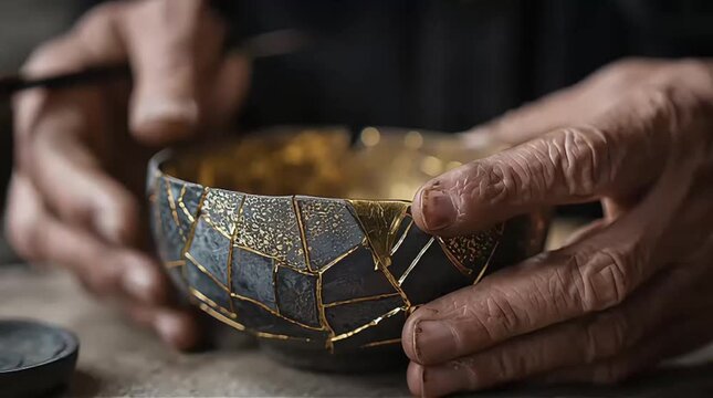 Person's hands carefully applying gold lacquer to repair a broken ceramic bowl, practicing the ancient japanese art of kintsugi and embracing the beauty of imperfection and restoration