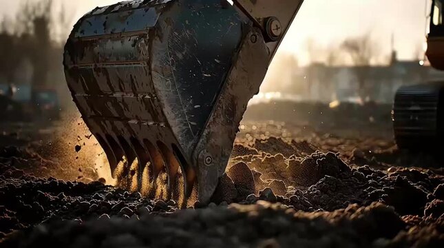 An excavator bucket digging into soil at a construction site, with sunlight behind the machine.