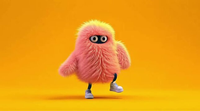 3d colorful hairy cartoon character funny dance, furry beast having fun, fluffy mascot animation, modern minimal motion design