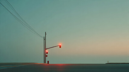 A minimal clean roadway with only a curve warning sign standing against soft muted horizon colors