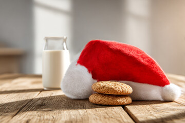 Cozy Christmas Scene with Santa Hat, Glass of Milk, and Oatmeal Cookies on Rustic Wooden Table, Festive Holiday Tradition and Warmth