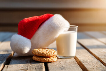 Cozy Christmas Scene with Santa Hat, Glass of Milk, and Oatmeal Cookies on Rustic Wooden Table, Festive Holiday Tradition and Warmth