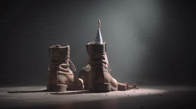 A pair of worn brown combat boots with a miniature American flag on Veterans Day against a dark background with dramatic lighting.