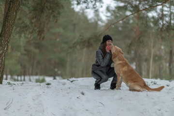 Woman playing with a golden retriever dog in a snowy forest, enjoying winter activities, showcasing the bond between pets and their owners in a serene outdoor setting