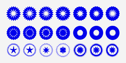 Collection of blue starburst and circular shapes with jagged edges on white background