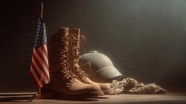 Veterans Day tribute with combat boots, helmet, and American flag on a wooden surface with dramatic lighting.