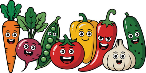 Cute cartoon vegetable characters including carrot, beet, pea pod, tomato, bell pepper, chili, garlic, and cucumber with expressive faces.