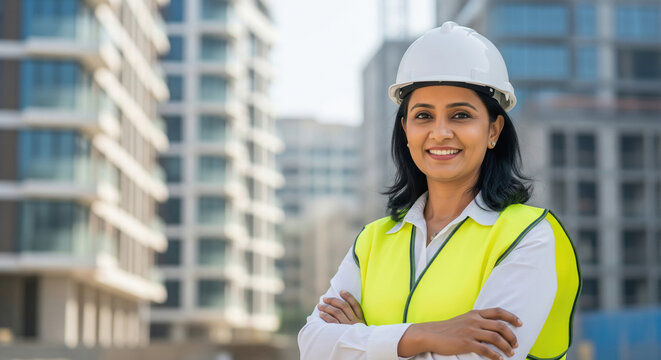 Confident Indian Woman Engineer Smiling at Construction Site