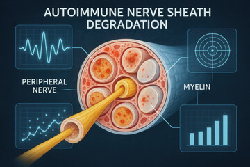 Autoimmune nerve sheath degradation concept showing peripheral nerve cross section with myelin damage. neuro diagnostic visualization illustrating serious medical condition