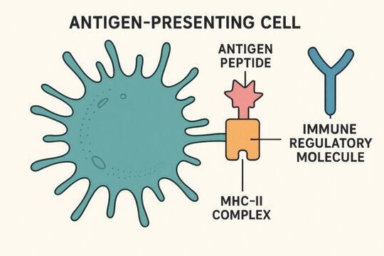 Immunology diagram of an antigen presenting cell shows immune system mechanism. MHC II complex presents an antigen for interaction with an immune regulatory molecule