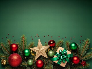 Merry Christmas and Happy Holidays greeting card, frame, banner. New Year. Christmas ornaments and gifts, presents on green background top view. Winter xmas holiday festive theme
