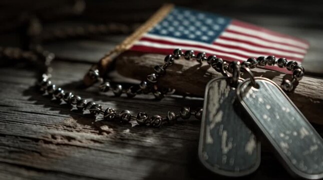 Close-up of military dog tags on a chain with an American flag on Veterans Day