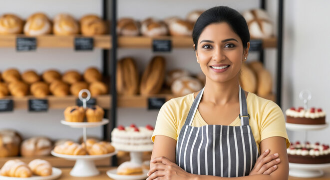 Smiling Indian Baker Woman in Apron Standing in Bakery - Powered by Adobe