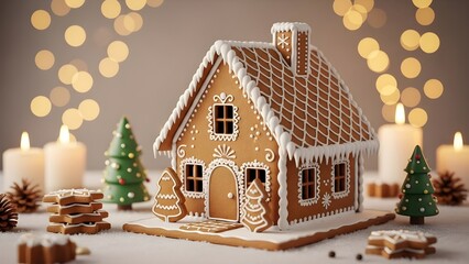Festive gingerbread house display with christmas tree figurines and candlelight glow for a cozy holiday celebration and decoration
