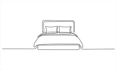 Bed with pillows is seen in a minimalist single continuous line drawing