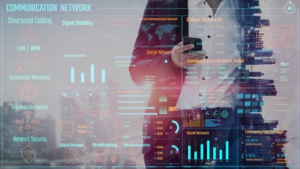 Data center monitoring dashboard visualize network performance, connection status, usage rate, and telecommunication insight. Data center monitoring efficiency improvement network transparency. Thunk