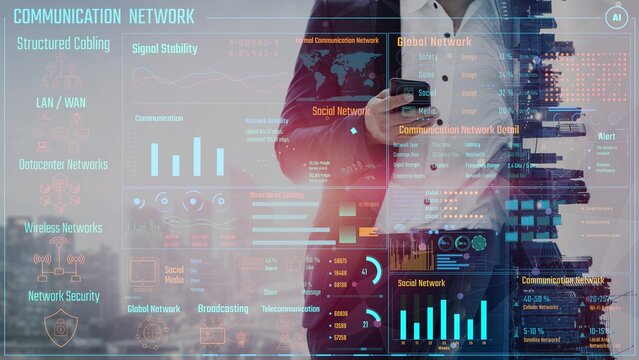 Data center monitoring dashboard visualize network performance, connection status, usage rate, and telecommunication insight. Data center monitoring efficiency improvement network transparency. Thunk - Powered by Adobe