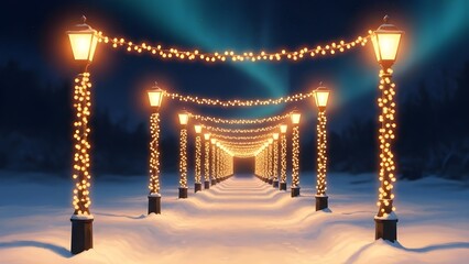 Fototapeta premium Enchanting winter pathway illuminated by festive lights creating a magical and warm ambiance under the northern lights display