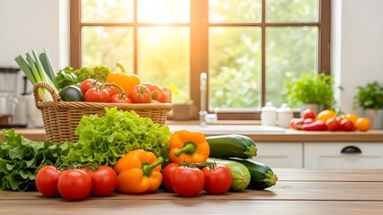 Fresh harvested vegetables on kitchen counter with natural light streaming through window creating a healthy and vibrant atmosphere in home