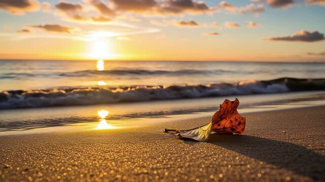 Golden sunset over ocean waves with single leaf on wet sand, serene beach tranquility 4k high quality footage