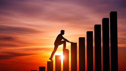 Silhouette of a person climbing a bar graph towards a vibrant sunset