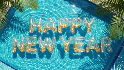 Happy New Year! Inflatable letters with gold glitter floating in crystal-clear turquoise swimming pool.  Tourism, travel, winter vacation, holiday concept. 