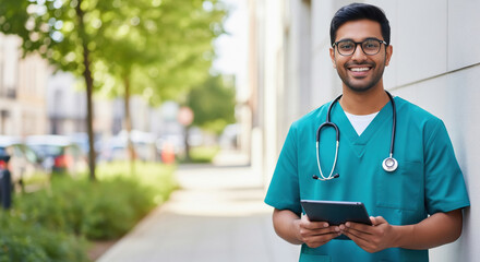 Smiling Young Doctor with Tablet and Stethoscope Outdoors