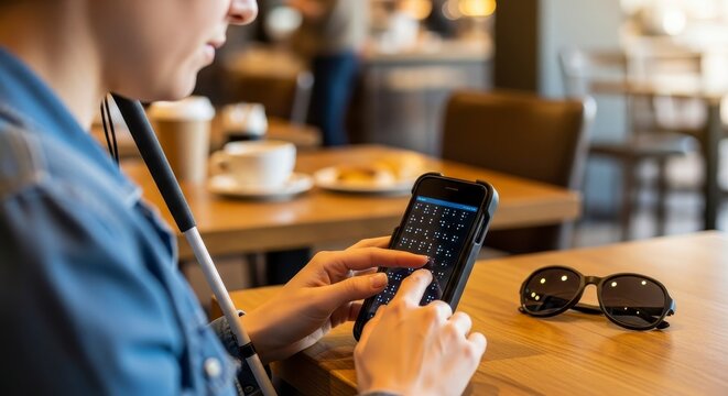 Blind woman Braille phone app cafe accessibility.