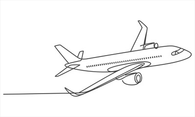 Continuous line drawing shows an airplane flying, its sleek design simplified on a transparent background