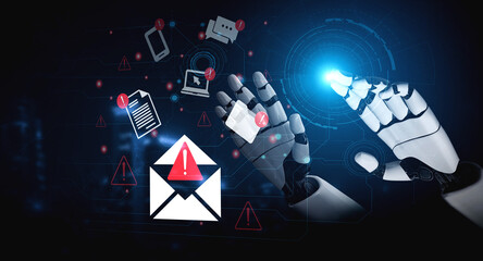 A robotic hand interacts with digital communication symbols, highlighting cybersecurity risks in a futuristic setting, emphasizing advanced technology and interaction. Gantry