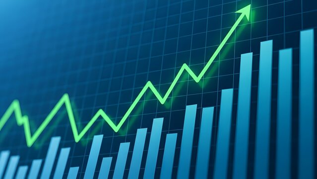 Financial growth chart with upward trending arrow on a blue background