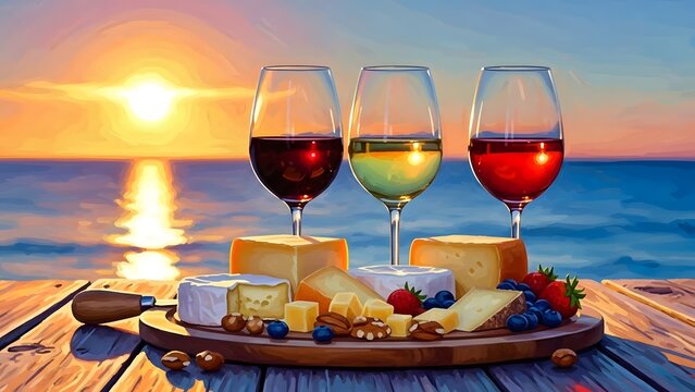 Three glasses of wine and cheese board at sunset by the sea ocean