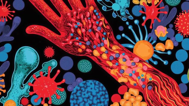 Colorful illustration of hand with visible veins and microorganisms, showcasing vibrant biology and complexity of anatomy and immune system