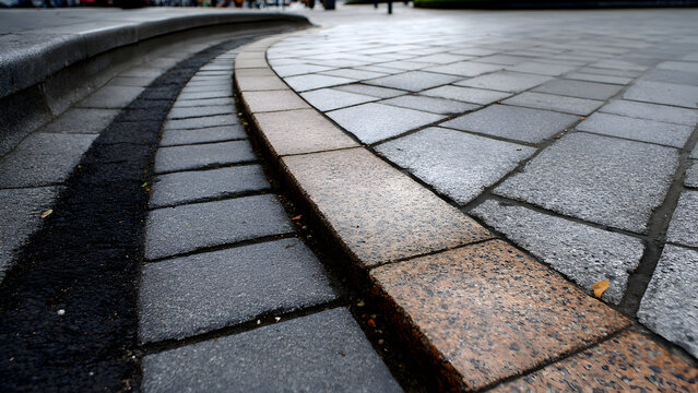 A pavement corner showing a curved border line meeting a straight divider creating smooth geometric intersection
