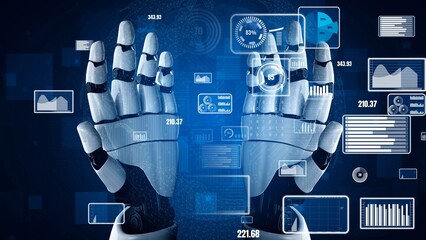 Robotic hands interact with dynamic data visualizations and graphs in a modern tech setup, showcasing the seamless blend of technology and information analytics. Xenic