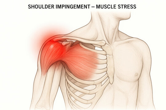 Medical illustration of shoulder impingement, muscle stress, and painful joint pain. human body anatomy diagram showing deltoid injury with red inflammation and suffering