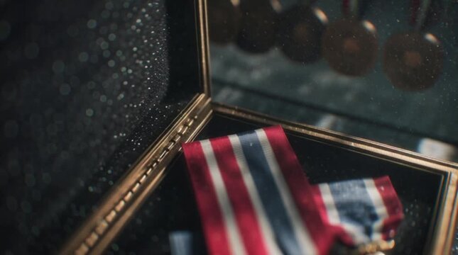 A folded American flag in a gold medal case on Veterans Days with medals in background.