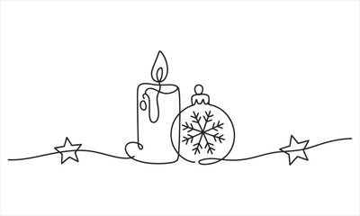 Continuous line drawing shows festive burning candle and an ornament with snowflake pattern