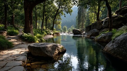 Serene forest path alongside crystal clear river with dappled sunlight filtering through lush green trees, inviting peaceful exploration and nature's beauty.
