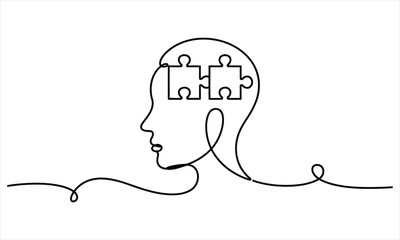 Continuous line drawing shows human profile with two jigsaw pieces inside the head
